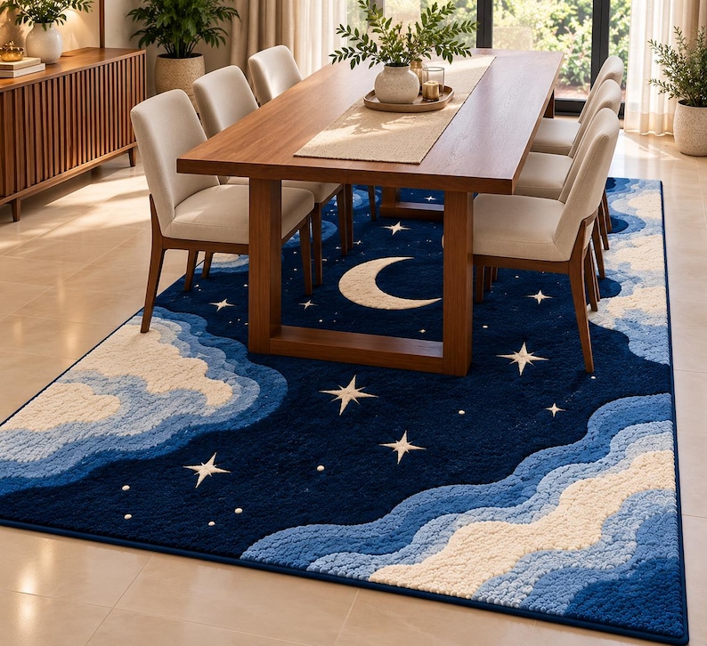 Moon Patterned Rugs Hand Tufted Wool Celestial Rug, Navy Blue Moon & Stars, Cloud Area Rug ...