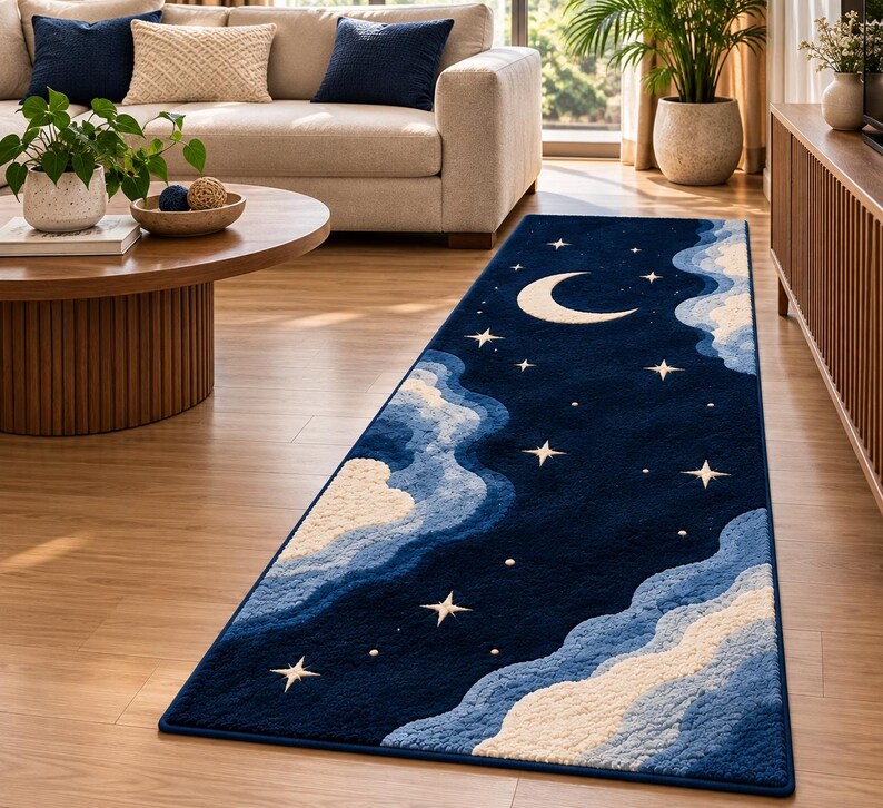 Moon Patterned Rugs Hand Tufted Wool Celestial Rug, Navy Blue Moon & Stars, Cloud Area Rug ...