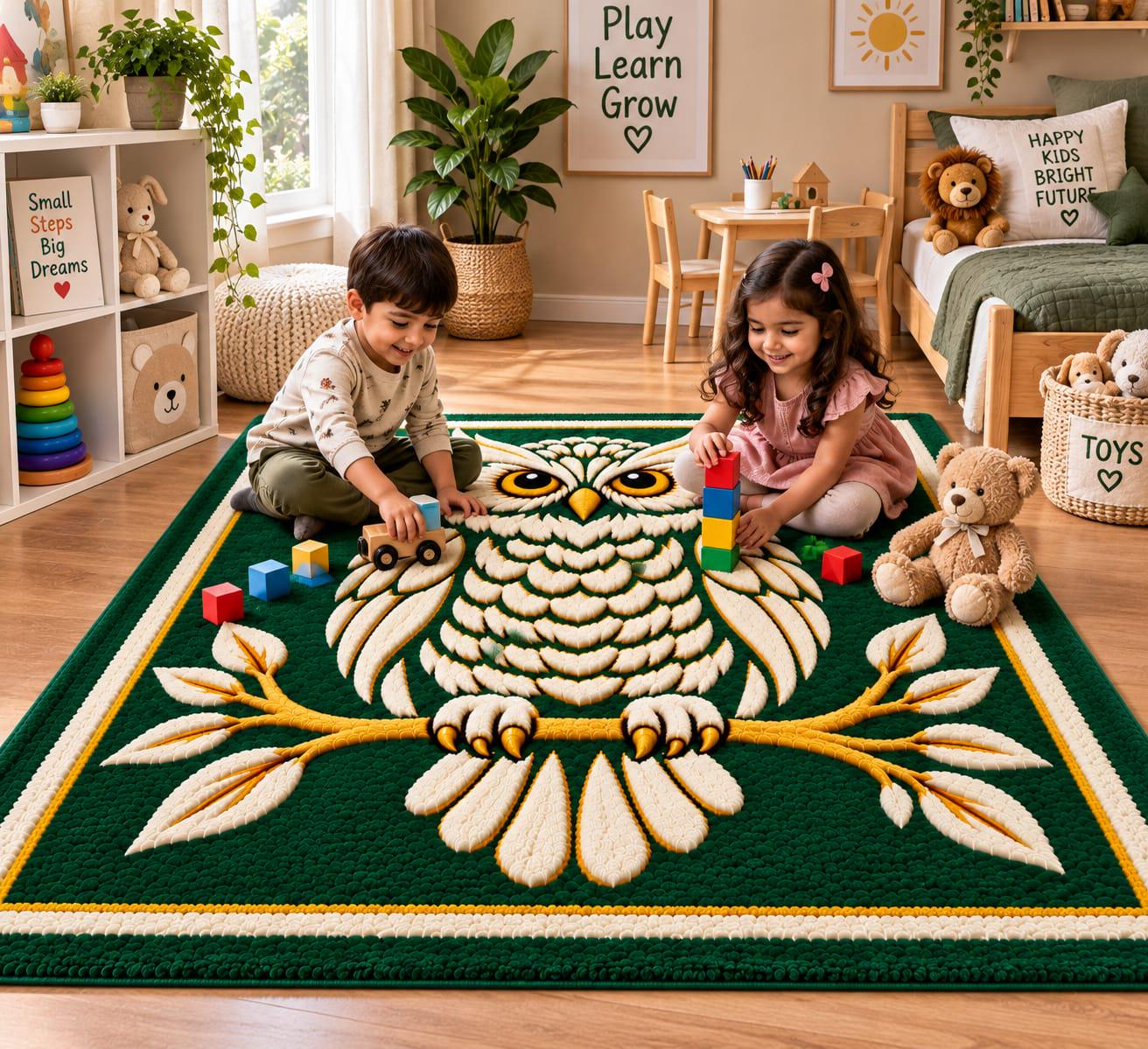 Hand Tufted Owl Kids Rug, Green Woodland Nursery Carpet, Animal Playroom Decor