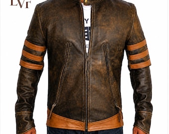 May include: A distressed dark brown leather jacket featuring a stand-up collar with a snap button, a central zipper closure, and two vertical zippered pockets. The sleeves have three horizontal tan leather stripes, and the hem has a tan leather panel.