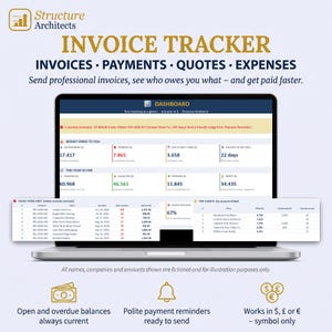 Può includere: Uno schermo di computer portatile che mostra la dashboard di Structure Architects Invoice Tracker con sezioni per fatture, pagamenti, preventivi e spese. L'interfaccia mostra dati finanziari, elenchi di fatture scadute e tabelle dei principali clienti.