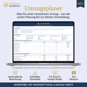 May include: A digital moving planner displayed on a laptop screen, featuring a dashboard with progress checklists, budget tracking, and task management. The interface includes sections for dates, addresses, and cost categories, compatible with Excel and Google Sheets.
