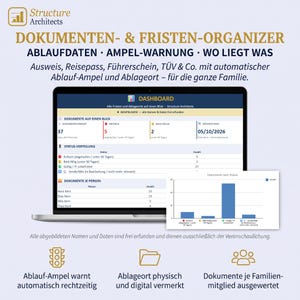 May include: A laptop screen displaying a document and deadline organizer dashboard with charts, tables, and status indicators. The interface includes text labels like DOKUMENTEN- & FRISTEN-ORGANIZER, DASHBOARD, and DOKUMENTE JE PERSON, featuring a bar graph and traffic light icons.