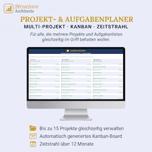 Puede incluir: Un monitor de computadora que muestra un planificador digital de proyectos y tareas titulado KANBAN-BOARD. La pantalla presenta un diseño de tres columnas para el seguimiento de tareas. El texto sobre el monitor dice Structure Architects, PROJEKT- & AUFGABENPLANER.
