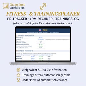 Könnte beinhalten: Ein Laptop-Bildschirm mit einem digitalen Fitness- und Trainingsplaner namens Structure Architects. Die Benutzeroberfläche enthält einen PR-Tracker, einen 1RM-Rechner und ein Trainingstagebuch mit Tabellen für Körpergewichts- und 1RM-Ziele.