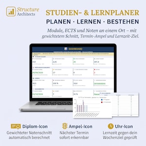 May include: A digital study and learning planner displayed on a laptop screen, featuring a dashboard with academic metrics, ECTS credits, and grade tracking. The interface includes sections for exams, assignments, and study progress with charts and tables.