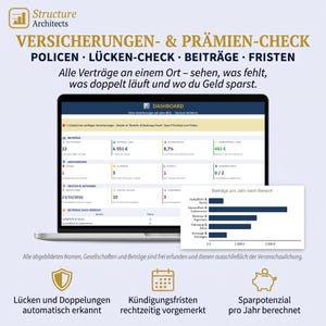 Könnte beinhalten: Ein Laptop-Bildschirm zeigt ein Versicherungs-Dashboard von Structure Architects mit Datentabellen, Finanzkennzahlen und einem Balkendiagramm mit dem Titel 'Beiträge pro Jahr nach Bereich'. Die Oberfläche enthält Bereiche für Policen, Lücken, Beiträge und Fristen.