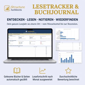 May include: A digital reading tracker and book journal displayed on a laptop screen, featuring a dashboard with reading statistics, charts, and progress bars. The interface includes sections for tracking books, pages, ratings, and goals, with additional data visualizations.