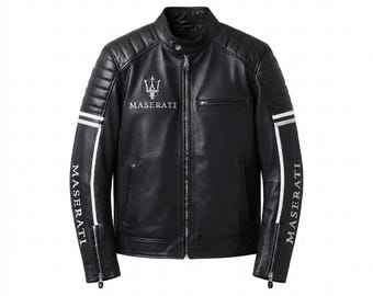 Maserati Black Leather Jacket , Motorsport Racing Style Leather Outerwear For Car Fan