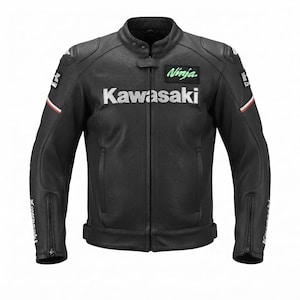 Kawasaki Ninja Black Leather Motorcycle Jacket, Sportbike Rider Gear