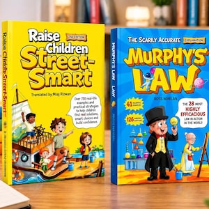 May include: Two hardcover books standing upright. The yellow book is titled Raise Children Street-Smart, 2nd Edition, featuring a cartoon ship scene. The blue book is titled The Scarily Accurate Explanation Murphy's Law, featuring a cartoon scientist.