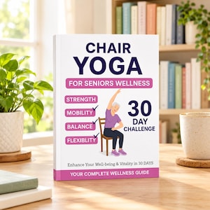May include: A white book titled CHAIR YOGA FOR SENIORS WELLNESS 30 DAY CHALLENGE. The cover features a graphic of a person sitting on a wooden chair performing a stretch, with pink labels for STRENGTH, MOBILITY, BALANCE, and FLEXIBLITY.