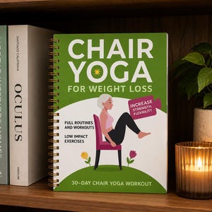 May include: A spiral-bound book titled Chair Yoga for Weight Loss with a green cover featuring an illustration of a person performing a seated exercise on a chair. The cover includes text about full routines, low impact exercises, and a 30-day workout.