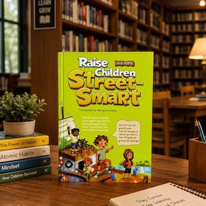 May include: A lime green book titled Raise Children Street-Smart with a comic-style illustration of children on a boat. The cover features text about real-life growth scenes and guides for challenges, with a small Comic Edition label at the top.