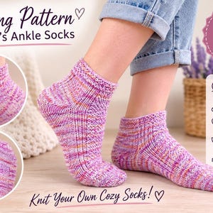 May include: A knitting pattern for ankle socks featuring variegated pink, purple, and orange yarn. The text reads Knitting Pattern, Women's Ankle Socks, PDF Pattern, Instant Download, Women's Sizes EU 36-41, German Short Row Heel, Magic Loop Compatible, Textured Stitch Design, Intermediate Level, and Knit Your Own Cozy Socks.