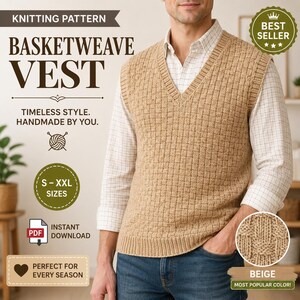 Può includere: Un gilet in maglia beige con motivo a intreccio e scollo a V, indossato sopra una camicia a quadri chiari. L'immagine include il testo: KNITTING PATTERN, BASKETWEAVE VEST, TIMELESS STYLE. HANDMADE BY YOU., S-XXL SIZES, INSTANT DOWNLOAD, PERFECT FOR EVERY SEASON, BEST SELLER, BEIGE MOST POPULAR COLOR.
