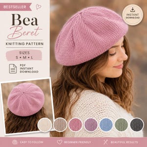 Könnte beinhalten: Eine altrosa gestrickte Baskenmütze mit strukturiertem Rippenmuster. Das Bild enthält den Text Bea Beret Knitting Pattern, die Größen S, M, L und PDF instant download. Ein kleinerer Einschub zeigt die Mütze von oben und Farbmuster sind sichtbar.