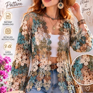 Könnte beinhalten: Eine Häkel-Spitzenstrickjacke mit einem floralen Fächermuster in den Farben Salbei, Creme, Altrosa, Violett und Blau. Das offene Kleidungsstück mit langen Ärmeln wird als digitale Anleitung präsentiert, inklusive Texten wie Crochet Lace Cardigan Pattern, Instant Download, Detailed Instructions, Sizes Included und Beautiful Fan Stitch Open Front Cardigan.