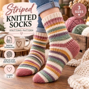 May include: A pair of knitted socks featuring horizontal stripes in shades of pink, green, yellow, and cream. The text on the image reads Striped KNITTED SOCKS KNITTING PATTERN, 3 SIZES, PDF DIGITAL DOWNLOAD, STEP-BY-STEP INSTRUCTIONS, and 3 SIZES S-M-L.