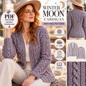 Peut inclure: Un patron de tricot pour le gilet Winter Moon, présentant un cardigan violet en maille torsadée avec des manches longues et un col en V. Le PDF numérique inclut des instructions pour les tailles S-3XL, un schéma et un niveau intermédiaire.