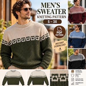 Peut inclure: Un patron de tricot pour un pull à col rond avec une bande géométrique. Le modèle présente un design bicolore, des poignets et un ourlet côtelés. Texte inclus : MEN'S SWEATER KNITTING PATTERN S-3X, PDF PATTERN, INSTANT DOWNLOAD.