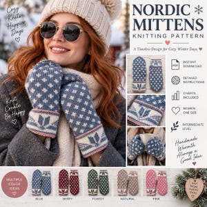 Puede incluir: Un patrón de tejido para mitones nórdicos con un diseño de estrellas en azul y blanco y un puño geométrico. El documento incluye el texto NORDIC MITTENS KNITTING PATTERN, INSTANT DOWNLOAD, y muestra múltiples variaciones de color incluyendo berry, forest, natural y pink.