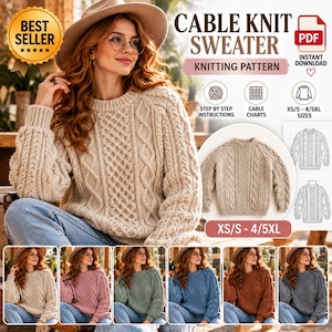 May include: A digital knitting pattern for a cable knit sweater, featuring a beige sweater with a crew neckline and textured cable patterns. The document includes step-by-step instructions, cable charts, and size options ranging from XS/S to 4/5XL.