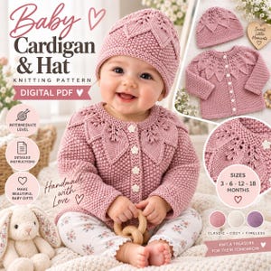 May include: A dusty pink knitted baby cardigan and matching hat set featuring a leaf-patterned yoke and flower-shaped buttons. The digital PDF knitting pattern includes instructions for sizes 3, 6, 12, and 18 months, showcasing a textured stitch design.