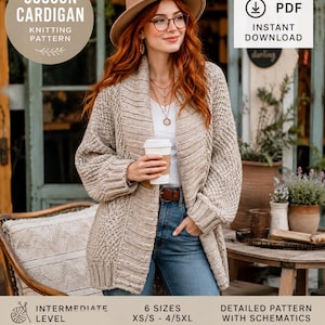 May include: A beige knit cocoon cardigan with a wide ribbed collar and textured stitch pattern. The digital PDF knitting pattern includes 6 sizes from XS/S to 4/5XL, intermediate skill level, and detailed schematics for the garment design.