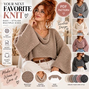 Può includere: Un modello di maglia in PDF per un maglione corto con collo ad anello drappeggiato e maniche larghe. Il design presenta un punto a maglia testurizzato, mostrato in vari colori tra cui beige, grigio, crema e malva, con sovrapposizioni di testo.