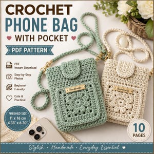 Può includere: Due borse per telefono all'uncinetto con tasca, una verde salvia e una color crema, con motivo quadrato floreale, chiusura a patta e tracolla lunga. Il testo recita CROCHET PHONE BAG WITH POCKET, PDF PATTERN, FINISHED SIZE 11 x 16 cm.