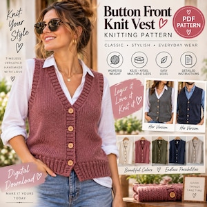 Puede incluir: Un patrón de tejido digital para un chaleco de punto con botones. La imagen muestra un chaleco malva sobre una camisa blanca, con fotos adicionales de variaciones en gris, azul marino, crema y oliva. Texto: Button Front Knit Vest PDF Pattern.