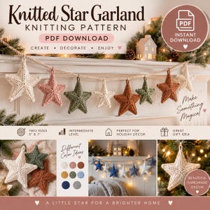 May include: A digital knitting pattern for a star garland featuring cream, pink, olive green, and rust-coloured knitted stars. The document includes text, colour swatches, and images of the finished garland in various settings and sizes of 5 and 7 inches.