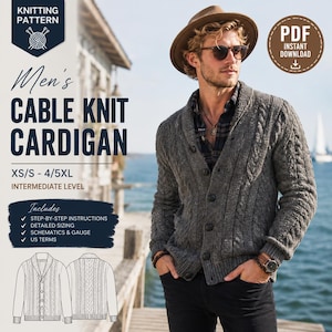 May include: A knitting pattern for a cable knit cardigan, available as a PDF instant download. The pattern includes step-by-step instructions, detailed sizing from XS/S to 4/5XL, schematics, gauge, and US terms for an intermediate skill level.