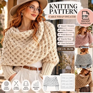 Peut inclure: Un patron de tricot numérique pour un pull enveloppant à torsades avec un motif texturé beige et des manches. Le document comprend des instructions étape par étape, un diagramme de torsades et des tailles du S/M au 3XL en téléchargement.