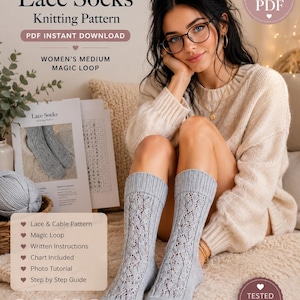 May include: A digital knitting pattern for lace and cable socks, featuring a PDF instant download, written instructions, charts, and a photo tutorial. The document displays a pair of light gray knitted socks with a detailed lace and cable pattern.
