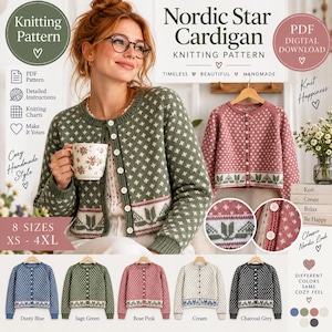 May include: A digital PDF knitting pattern for a Nordic Star Cardigan, featuring a crew neck, button-front closure, and a repeating star and floral border motif. The pattern includes instructions for eight sizes from XS to 4XL in five colorways.