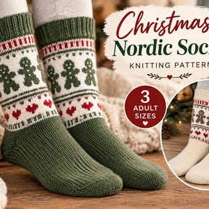 May include: A knitting pattern for Christmas Nordic socks, available as a digital PDF download. The pattern features a design with gingerbread men and heart motifs in red, white, and dark green. It includes instructions for three adult sizes.