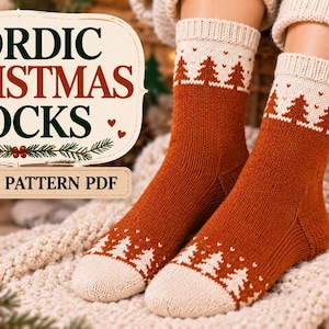 May include: A pair of rust-orange and cream knit socks featuring a repeating pattern of small pine trees and hearts. The text on the image reads NORDIC CHRISTMAS SOCKS, KNITTING PATTERN PDF, and INSTANT DOWNLOAD with a download icon.