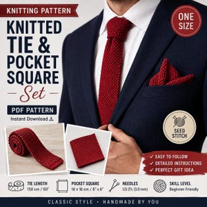 Può includere: Un modello per lavorare a maglia una cravatta e una pochette rosso scuro con una trama a punto riso. Il set include istruzioni per una cravatta da 150 cm e una pochette da 16 cm per 16 cm, utilizzando ferri da 3,0 mm per il progetto.