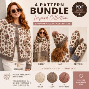 Könnte beinhalten: Ein 4-Muster-Paket als PDF-Sofort-Download mit einer Leopardenmuster-Kollektion bestehend aus Strickjacke, Schal, Mütze und Fäustlingen. Enthält detaillierte Anleitungen mit Diagrammen, Größen für Strickjacke S-XL, Mütze S-M-L, Fäustlinge 6-8 Zoll und Schal 24 cm x 165 cm.
