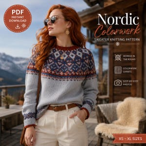 Könnte beinhalten: Ein hellblauer Langarmpullover mit einem dunkelblauen und rostfarbenen nordischen Muster an der Passe und den Ärmelbündchen. Der Text lautet Nordic Colorwork Sweater Knitting Pattern, PDF Instant Download, Worked in the Round, Colorwork Charts, Step-by-Step Photos und XS-XL Sizes.