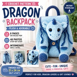 Crochet Dragon Backpack Pattern, Plush Amigurumi Tutorial (PDF Download)