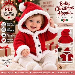 Pode incluir: Um capuz de malha vermelho para bebé com acabamento branco felpudo e capuz a condizer com um pompom. O design apresenta três botões pretos na frente. O texto diz Baby Christmas Hoodie Knitting Pattern, tamanhos 3-24 meses.