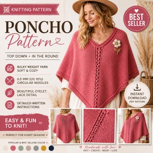 Puede incluir: Un patrón de tejido para un poncho color rosa con cuello en V y detalles de encaje calado. El texto incluye KNITTING PATTERN, PONCHO Pattern, TOP DOWN IN THE ROUND, BULKY WEIGHT YARN, 6.5 MM CIRCULAR NEEDLES e INSTANT DOWNLOAD PDF PATTERN.