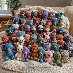 May include: A large collection of small, handmade knitted stuffed animals in various colors and species, including bears, elephants, rabbits, and owls, arranged on a textured white blanket. The text 2026 Santisyofficial. All rights reserved. is visible.