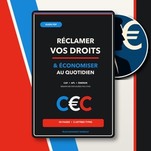 Könnte beinhalten: Ein schwarzer rechteckiger digitaler Leitfaden mit dem Titel RÉCLAMER VOS DROITS & ÉCONOMISER AU QUOTIDIEN und Text zu CAF, APL und ÉNERGIE. Das Cover zeigt ein blau-rotes C€C-Logo, ein kreisförmiges Symbol mit Profil und Euro-Zeichen sowie 58 Seiten.