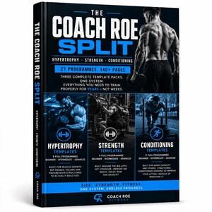 Könnte beinhalten: Ein schwarz-blaues gebundenes Buch mit dem Titel The Coach Roe Split, das eine muskulöse Person auf dem Cover zeigt. Der Text hebt 27 Programme, über 140 Seiten sowie Abschnitte für Hypertrophie-, Kraft- und Konditionstraining-Vorlagen hervor.