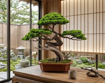 May include: A bonsai tree with vibrant green foliage and a textured, gnarled brown trunk, planted in a rectangular terracotta pot. The tree sits on a polished wooden table next to a small ceramic cup and a piece of driftwood.
