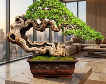 Bonsai artificiale a foglie larghe con tronco in vero legno, stile giapponese semi-cascata, decorazione zen per la casa.